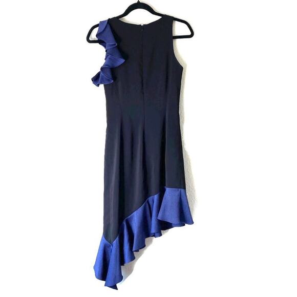 Slate & Willow Black & Blue Ruffled Asymmetrical Midi Dress Size 2 - Picture 2 of 5